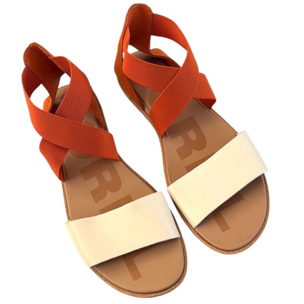 EUC Sorel Leather Ella Sandals Ivory Orange Size 10